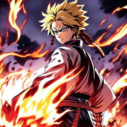 Anime profile picture of Rengoku Kyojuro from Demon Slayer in his Hashira uniform, surrounded by an intense blaze.