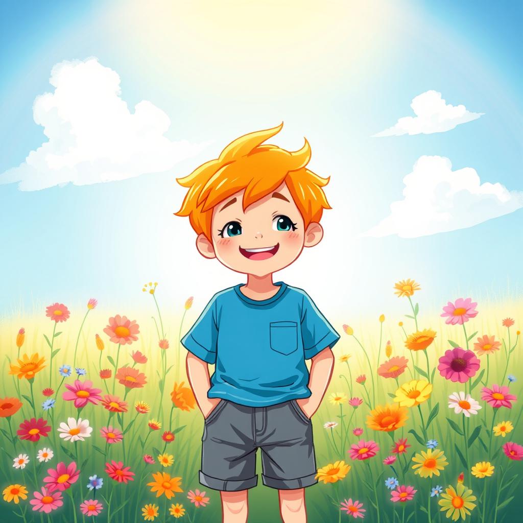 A whimsical illustration of a boy with bright orange hair, standing in a sunlit meadow filled with vibrant wildflowers