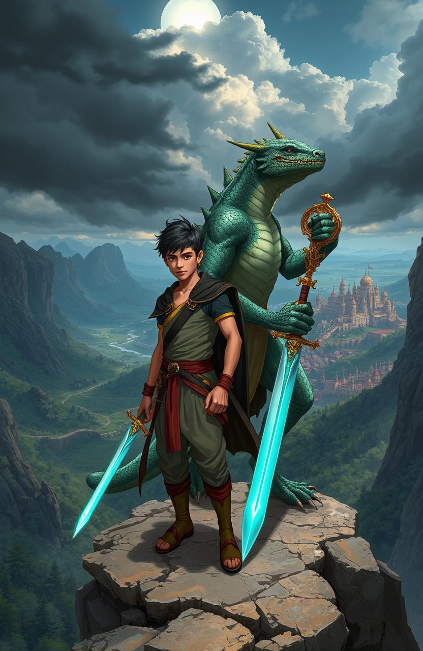 An epic fantasy illustration depicting Kiran, a young man with an athletic build and determined expression, standing confidently on a rocky cliff overlooking a vast, treacherous landscape filled with dense forests and towering mountains