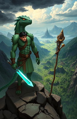 An epic fantasy illustration depicting Kiran, a young man with an athletic build and determined expression, standing confidently on a rocky cliff overlooking a vast, treacherous landscape filled with dense forests and towering mountains