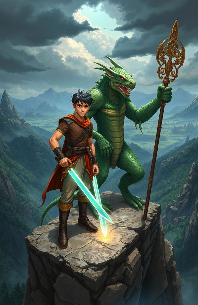 An epic fantasy illustration depicting Kiran, a young man with an athletic build and determined expression, standing confidently on a rocky cliff overlooking a vast, treacherous landscape filled with dense forests and towering mountains