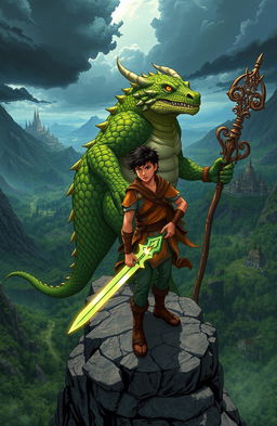 An epic fantasy illustration depicting Kiran, a young man with an athletic build and determined expression, standing confidently on a rocky cliff overlooking a vast, treacherous landscape filled with dense forests and towering mountains