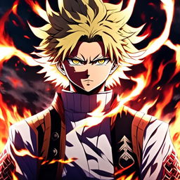 Anime profile picture of Rengoku Kyojuro from Demon Slayer in his Hashira uniform, surrounded by an intense blaze.