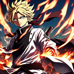 Anime profile picture of Rengoku Kyojuro from Demon Slayer in his Hashira uniform, surrounded by an intense blaze.