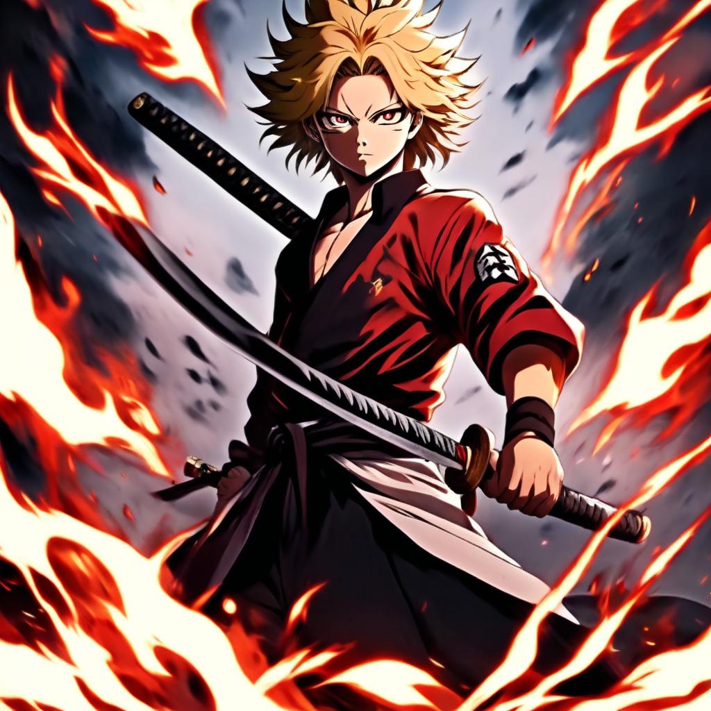 Anime profile picture of Rengoku Kyojuro from Demon Slayer in his Hashira uniform, holding his katana amidst an inferno, with his hair appearing even more fiery.