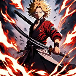 Anime profile picture of Rengoku Kyojuro from Demon Slayer in his Hashira uniform, holding his katana amidst an inferno, with his hair appearing even more fiery.