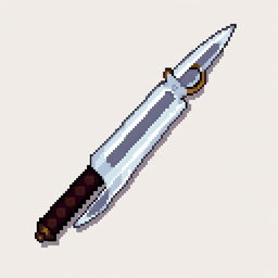 A detailed pixel art representation of a kunai, showcasing its sharp blade, traditional handle, and distinctive ring pommel