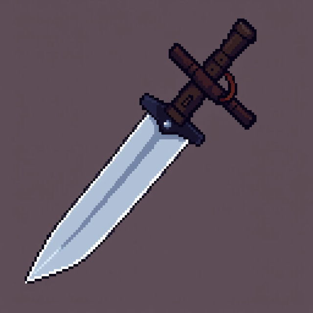 A detailed pixel art representation of a kunai, showcasing its sharp blade, traditional handle, and distinctive ring pommel