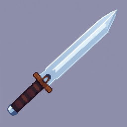 A detailed pixel art representation of a kunai, showcasing its sharp blade, traditional handle, and distinctive ring pommel