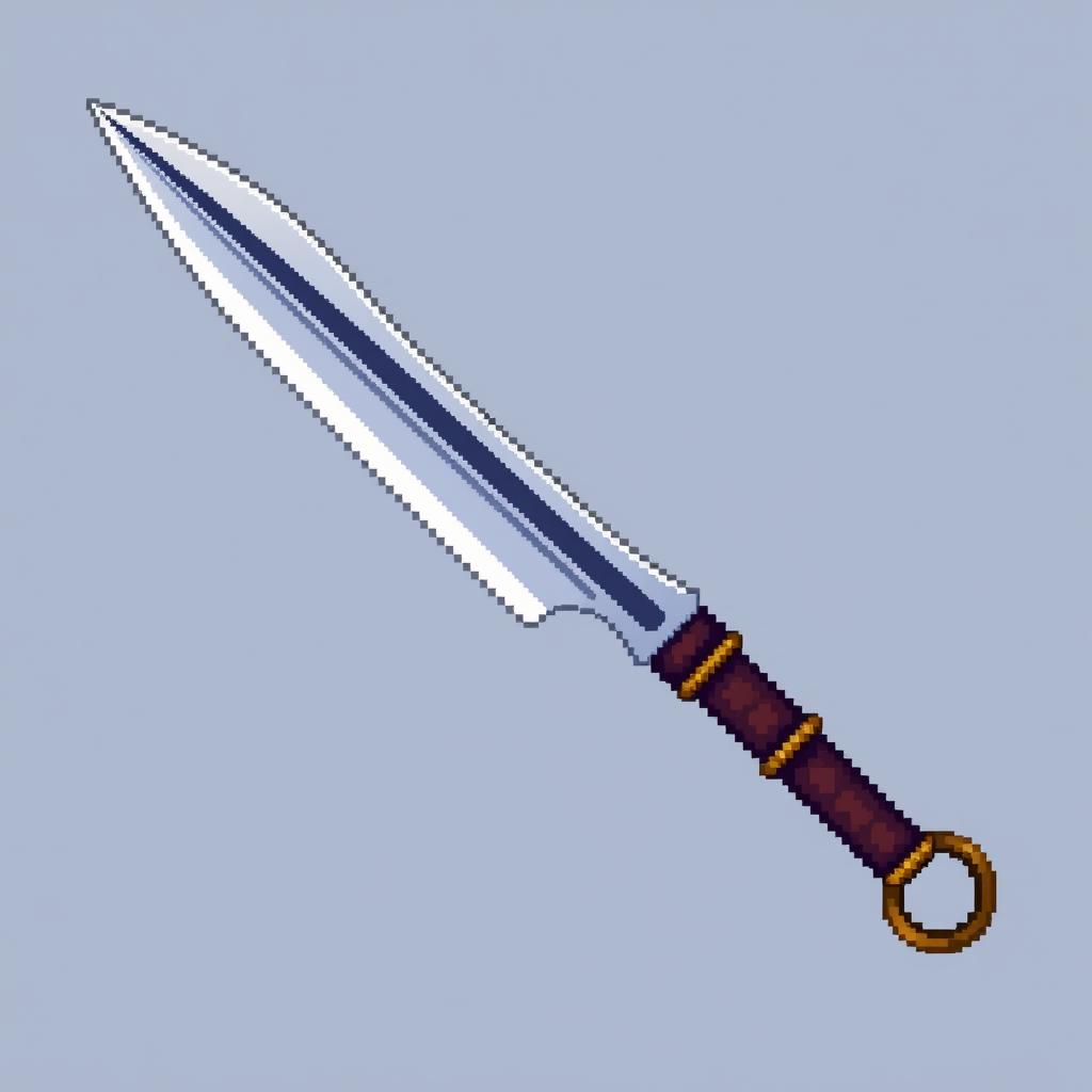 A detailed pixel art representation of a kunai, showcasing its sharp blade, traditional handle, and distinctive ring pommel