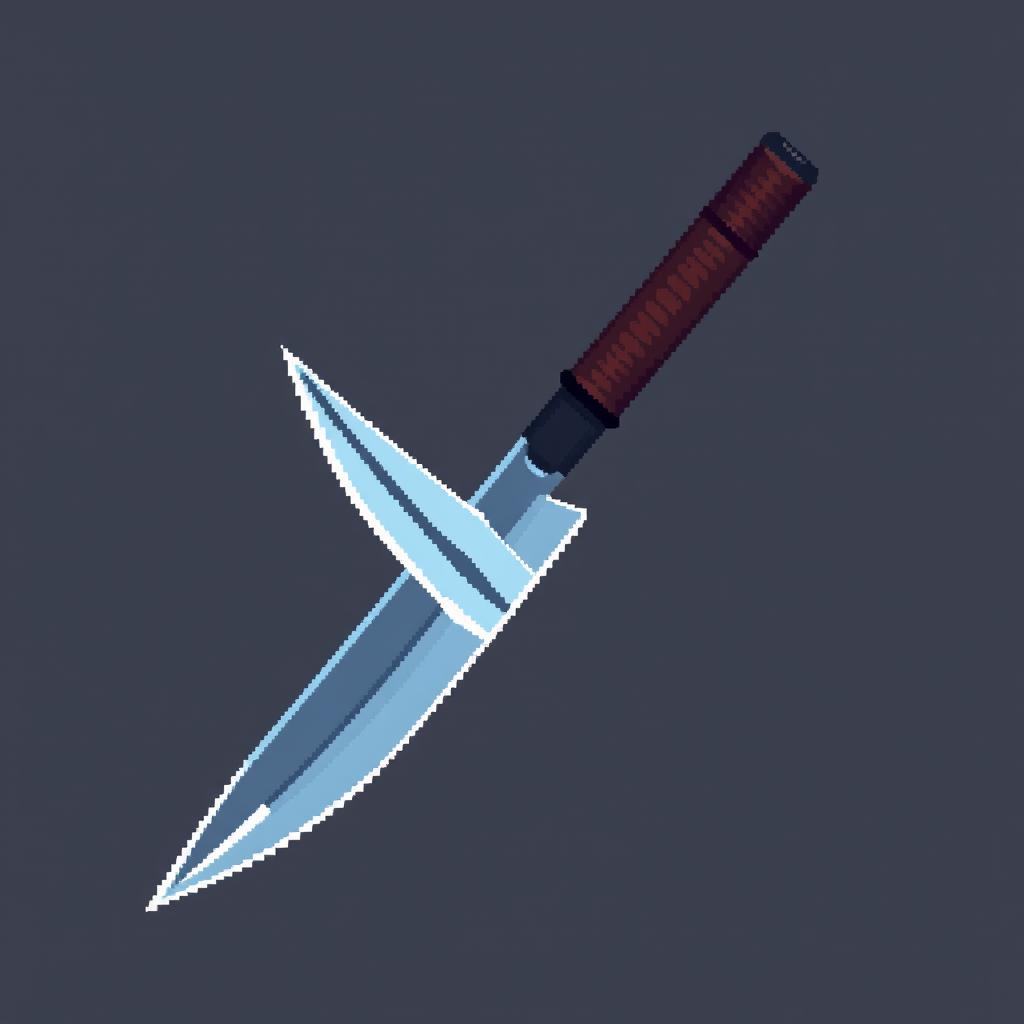 An illustration of a kunai in pixel art style, depicting the traditional ninja weapon with a sleek blade and a distinctive handle