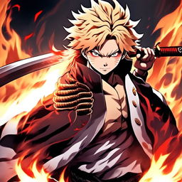 Anime profile picture of Rengoku Kyojuro from Demon Slayer in his Hashira uniform, holding his katana amidst an inferno, with his hair appearing even more fiery.