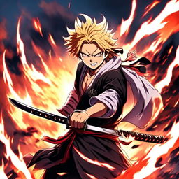 Anime profile picture of Rengoku Kyojuro from Demon Slayer in his Hashira uniform, holding his katana amidst an inferno, with his hair appearing even more fiery.