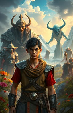In a dramatic fantasy scene, Kiran, a 24-year-old ordinary human with a determined expression, stands at the forefront, showcasing his remarkable strength and intellect