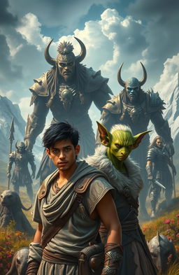 In a dramatic fantasy scene, Kiran, a 24-year-old ordinary human with a determined expression, stands at the forefront, showcasing his remarkable strength and intellect