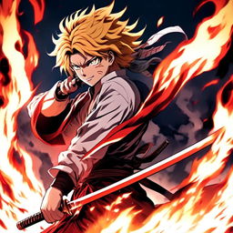 Anime profile picture of Rengoku Kyojuro from Demon Slayer in the art style of Kentaro Miura, holding his katana amidst an inferno, with his hair appearing even more fiery.