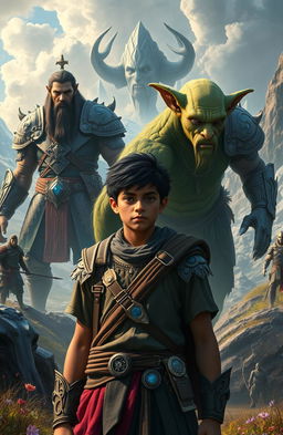 In a dramatic fantasy scene, Kiran, a 24-year-old ordinary human with a determined expression, stands at the forefront, showcasing his remarkable strength and intellect