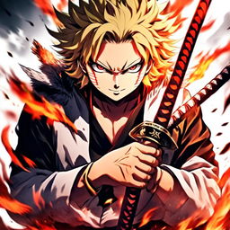 Anime profile picture of Rengoku Kyojuro from Demon Slayer in the art style of Kentaro Miura, holding his katana amidst an inferno, with his hair appearing even more fiery.