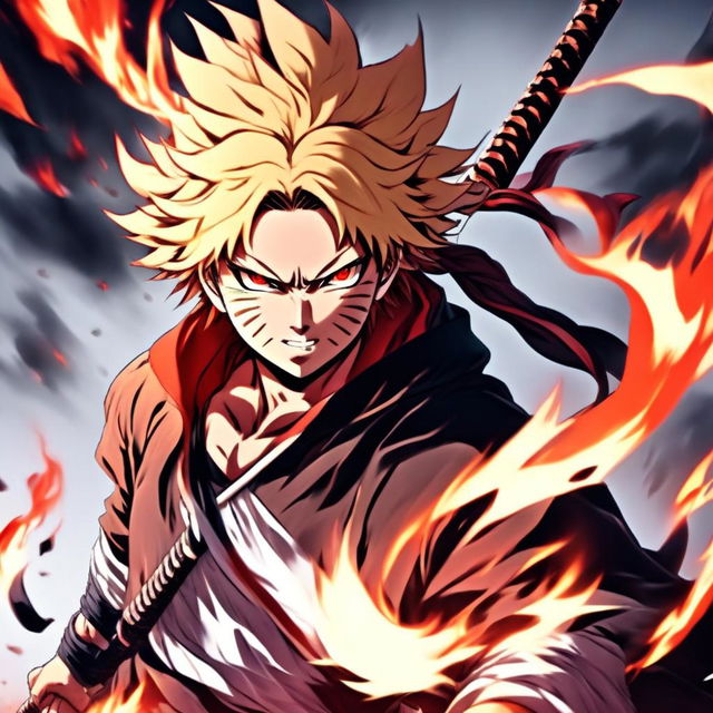 Anime profile picture of Rengoku Kyojuro from Demon Slayer in the art style of Kentaro Miura, holding his katana amidst an inferno, with his hair appearing even more fiery.