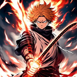 Anime profile picture of Rengoku Kyojuro from Demon Slayer in the art style of Kentaro Miura, holding his katana amidst an inferno, with his hair appearing even more fiery.