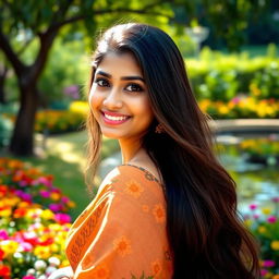 A beautiful Indian woman, around 25 years old, with long dark hair cascading down her back