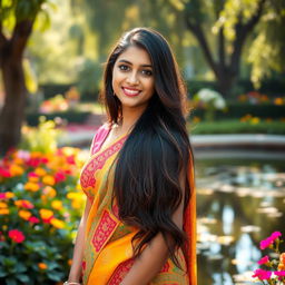 A beautiful Indian woman, around 25 years old, with long dark hair cascading down her back