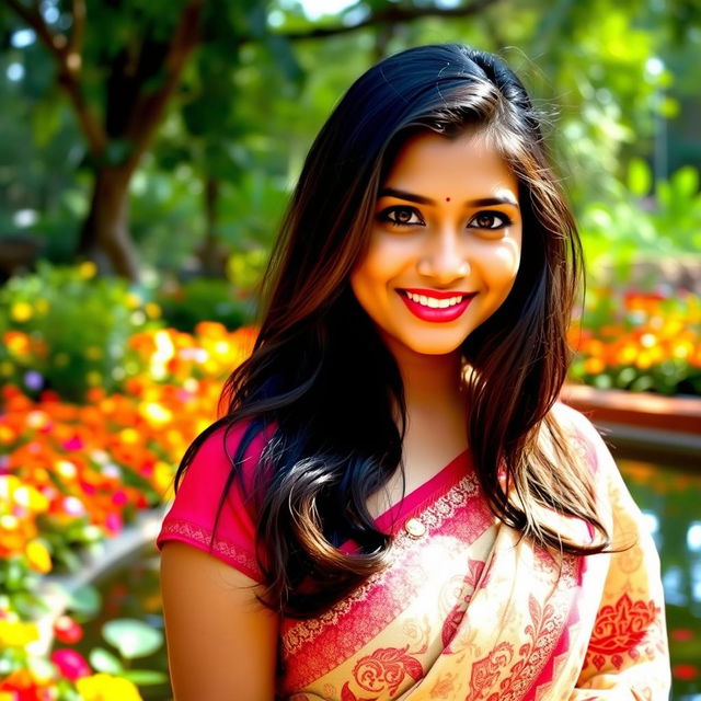 A beautiful Indian woman, around 25 years old, with long dark hair cascading down her back