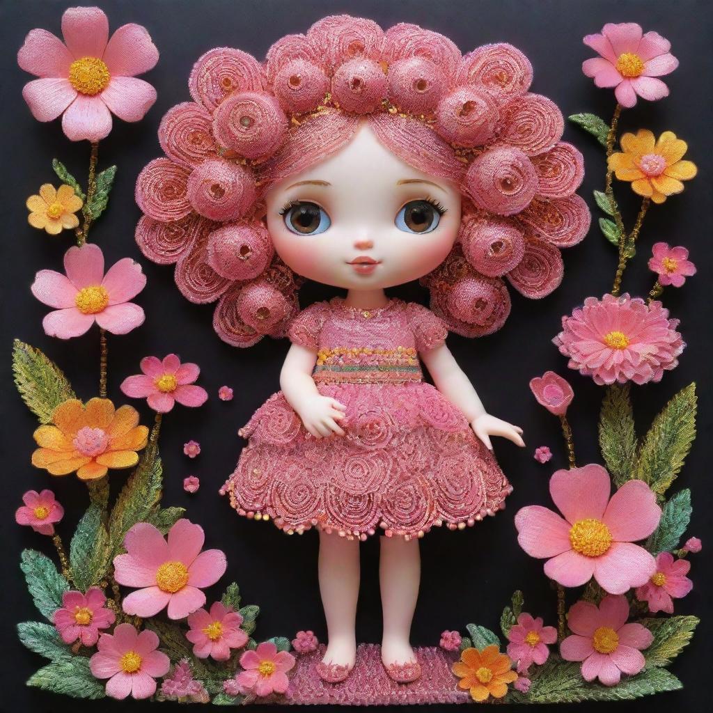 Intricate 3D depiction of a girl standing before flowers, inspired by Victor Nizovtsev, Jeremiah Ketner, Patricia Piccinini's styles. Crafted from beads and threads with a metallic texture. Dominant colors are pink and amber, with a highly detailed look.