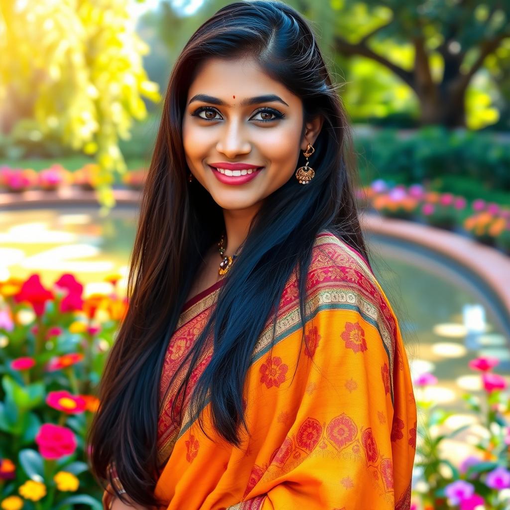 A beautiful Indian woman, around 25 years old, with long dark hair cascading down her back