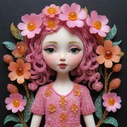 Intricate 3D depiction of a girl standing before flowers, inspired by Victor Nizovtsev, Jeremiah Ketner, Patricia Piccinini's styles. Crafted from beads and threads with a metallic texture. Dominant colors are pink and amber, with a highly detailed look.