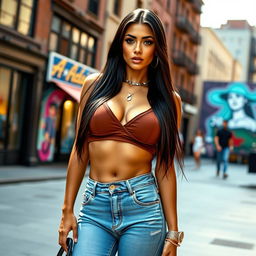 A stunning and fashionable thin woman with big breasts exuding confidence and allure