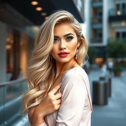 An attractive blonde woman with an alluring and confident presence