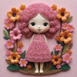 Intricate 3D depiction of a girl standing before flowers, inspired by Victor Nizovtsev, Jeremiah Ketner, Patricia Piccinini's styles. Crafted from beads and threads with a metallic texture. Dominant colors are pink and amber, with a highly detailed look.