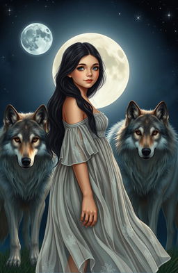 A dark-haired girl with deep brown eyes, standing confidently under the full moonlight