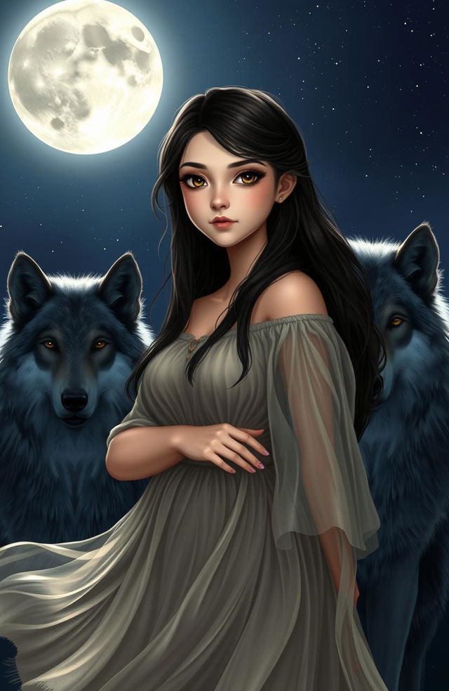 A dark-haired girl with deep brown eyes, standing confidently under the full moonlight