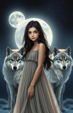 A dark-haired girl with deep brown eyes, standing confidently under the full moonlight