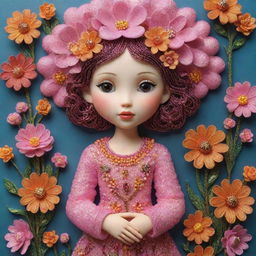 Intricate 3D depiction of a girl standing before flowers, inspired by Victor Nizovtsev, Jeremiah Ketner, Patricia Piccinini's styles. Crafted from beads and threads with a metallic texture. Dominant colors are pink and amber, with a highly detailed look.