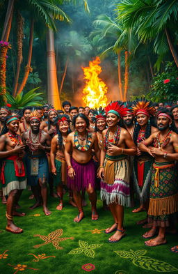A vibrant tribal scene depicting a gathering of diverse individuals in traditional tribal attire, adorned with intricate beadwork, feathers, and body paint