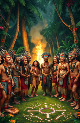 A vibrant tribal scene depicting a gathering of diverse individuals in traditional tribal attire, adorned with intricate beadwork, feathers, and body paint