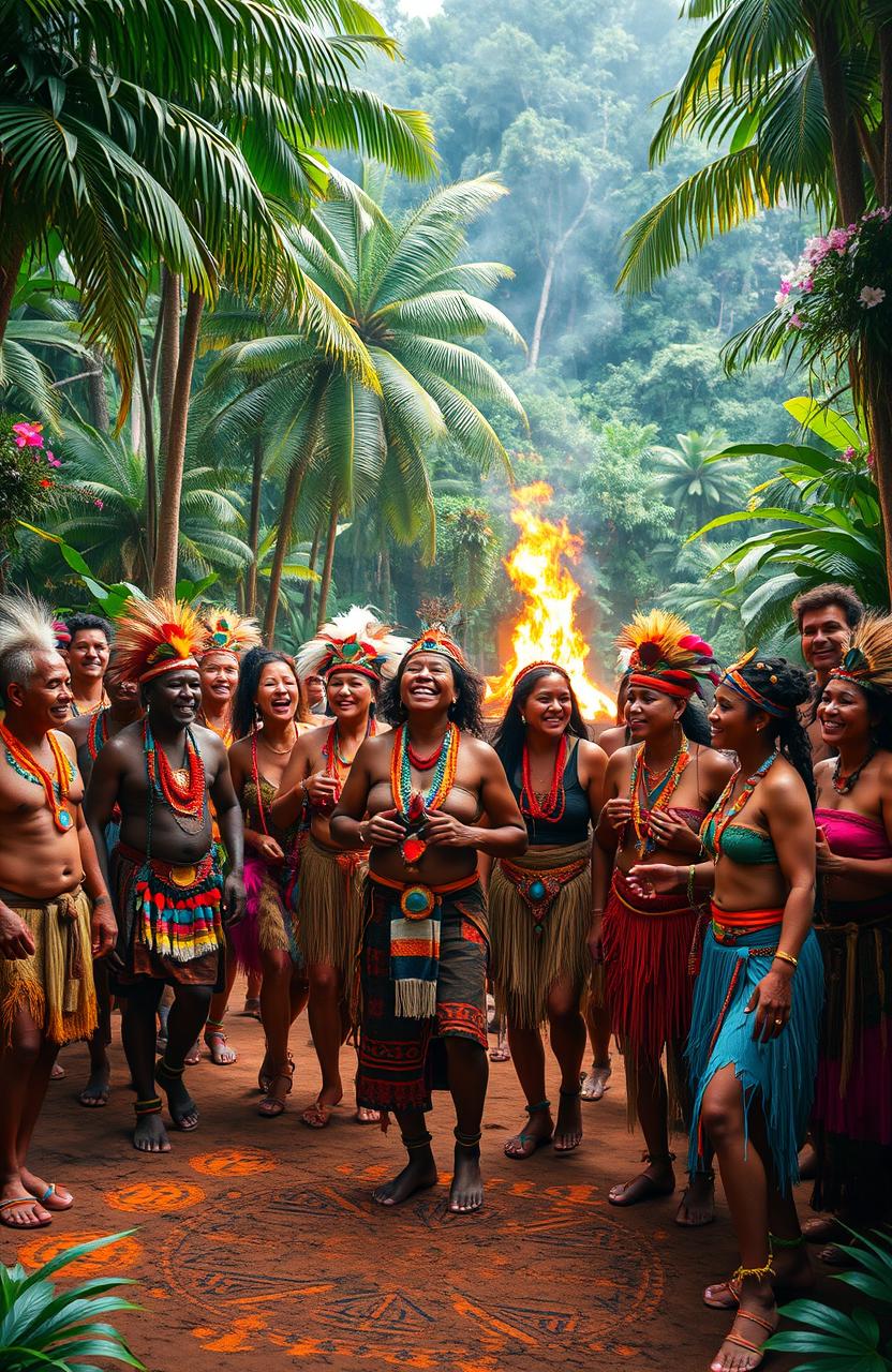 A vibrant tribal scene depicting a gathering of diverse individuals in traditional tribal attire, adorned with intricate beadwork, feathers, and body paint