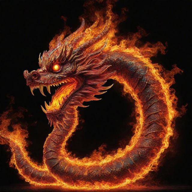 A vibrant Chinese dragon, made of mesmerizing flames. The dragon's fiery form uniquely shapes to resemble the number '3'.