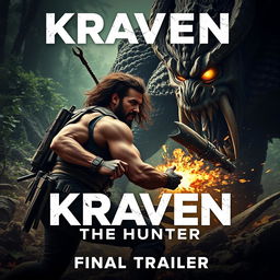 An action-packed teaser image for 'KRAVEN THE HUNTER – Final Trailer (2024)' featuring Aaron Taylor Johnson as Kraven, fiercely battling a gigantic, menacing beast