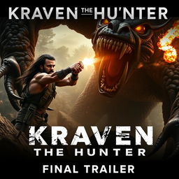 An action-packed teaser image for 'KRAVEN THE HUNTER – Final Trailer (2024)' featuring Aaron Taylor Johnson as Kraven, fiercely battling a gigantic, menacing beast