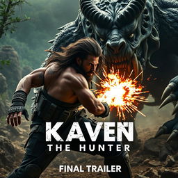 An action-packed teaser image for 'KRAVEN THE HUNTER – Final Trailer (2024)' featuring Aaron Taylor Johnson as Kraven, fiercely battling a gigantic, menacing beast