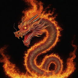 A vibrant Chinese dragon, made of mesmerizing flames. The dragon's fiery form uniquely shapes to resemble the number '3'.