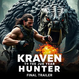 An action-packed teaser image for 'KRAVEN THE HUNTER – Final Trailer (2024)' featuring Aaron Taylor Johnson as Kraven, fiercely battling a gigantic, menacing beast