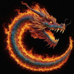 A vibrant Chinese dragon, made of mesmerizing flames. The dragon's fiery form uniquely shapes to resemble the number '3'.