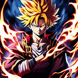 Anime profile picture of Rengoku from 'Demon Slayer' rendered in the art style of Kentaro Miura, featuring detailed depiction of his fiery hair, intense eyes, traditional uniform and a background of swirling flames.