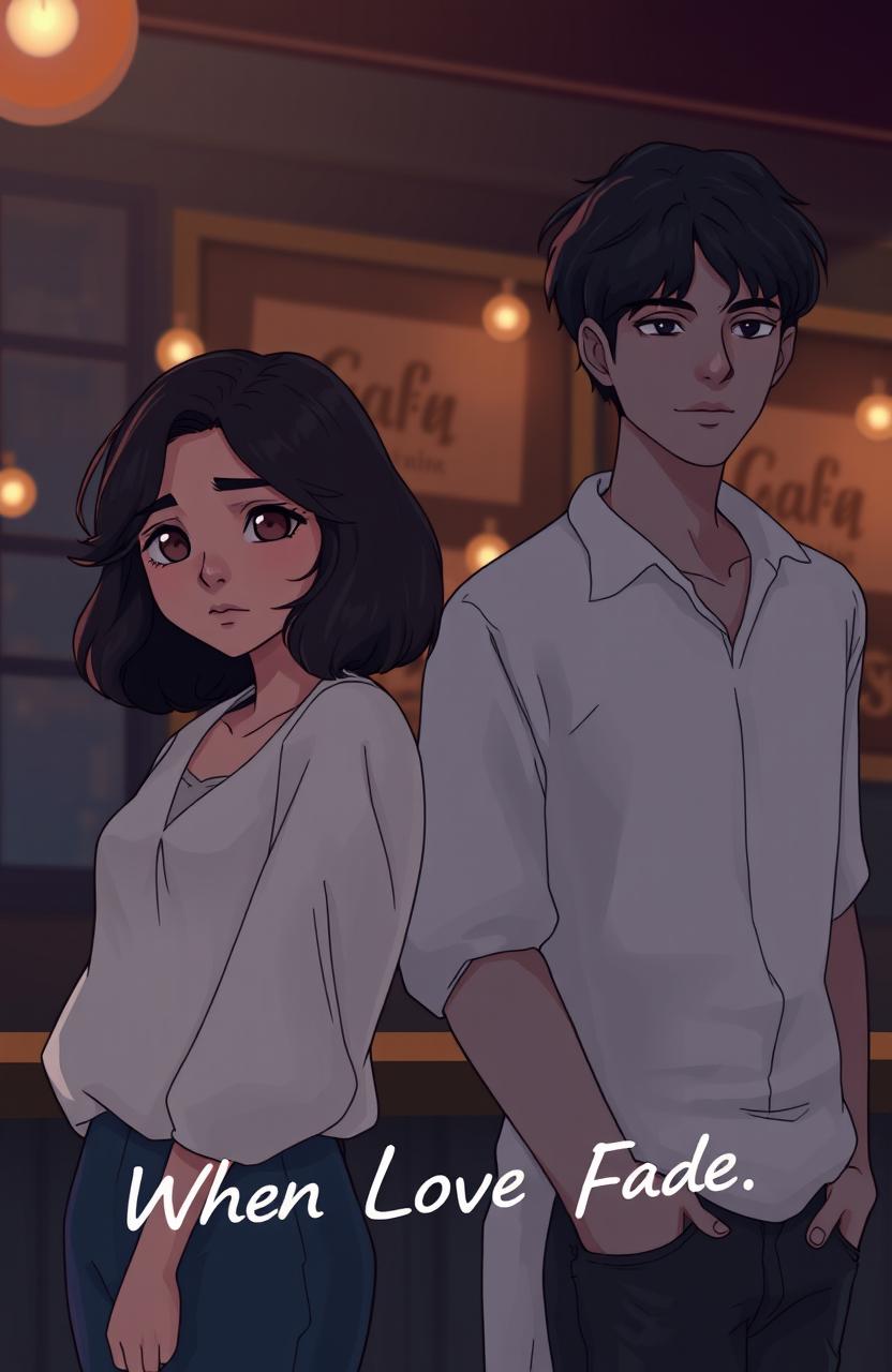 A poignant scene from a broken love story titled 'When Love Fades', featuring two characters: Aisha, a young woman with deep brown eyes, short wavy hair, wearing a light peach dress, and Naem, a young man with dark hair and a somber expression, dressed in a casual white shirt and jeans