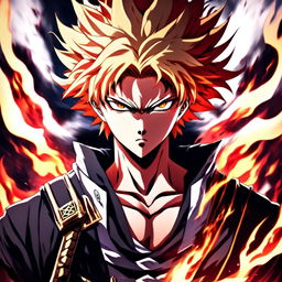 Anime profile picture of Rengoku from 'Demon Slayer' rendered in the art style of Kentaro Miura, featuring detailed depiction of his fiery hair, intense eyes, traditional uniform and a background of swirling flames.